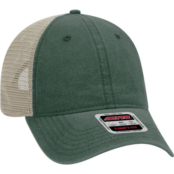 A green trucker cap with a low profile and mesh back. It features a logo on the front.