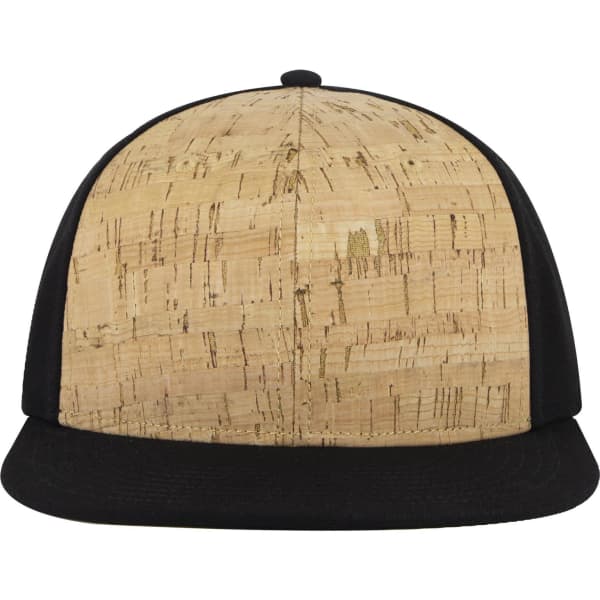 A snapback cap featuring a cork-textured top with a black visor and side panels, complete with a logo.