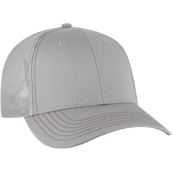 A grey 6-panel low profile trucker cap with a mesh back and a curved visor. It features a logo on the side.