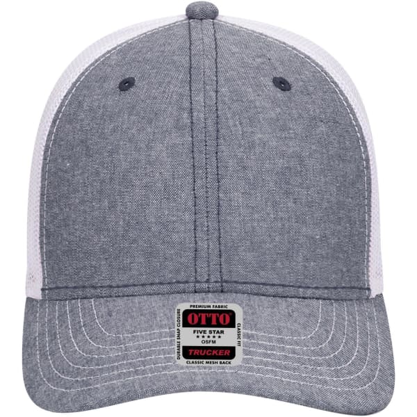 A grey and white 6 panel low profile trucker cap with a logo on the front.
