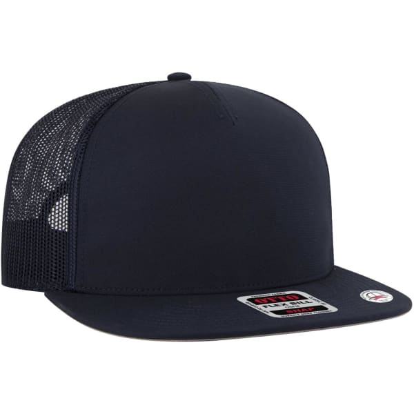A navy blue 5 Panel Pro Style Trucker Cap featuring a mesh back and a branded patch on the front.