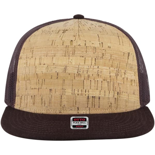 A 5 panel pro style trucker cap featuring a cork front and dark brown mesh sides. It has a logo on the front.