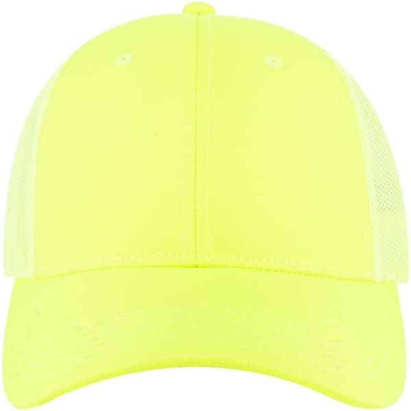 A bright yellow 6 panel low profile trucker cap with mesh side panels and a curved brim. It features a logo.