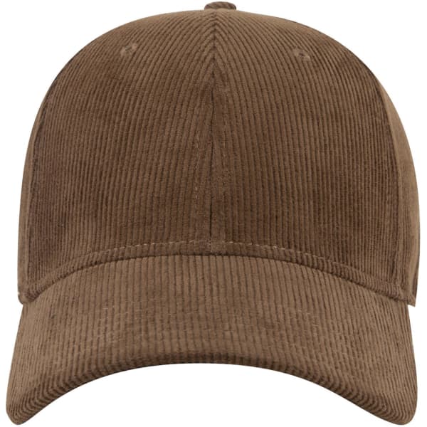 A brown corduroy 6-panel low profile baseball cap with a curved brim and logo.