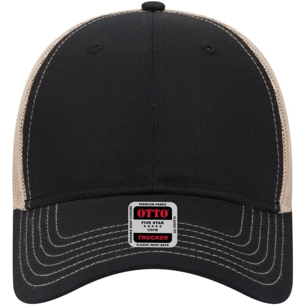 A black and beige low profile trucker cap with a logo on the front and mesh panels at the back.