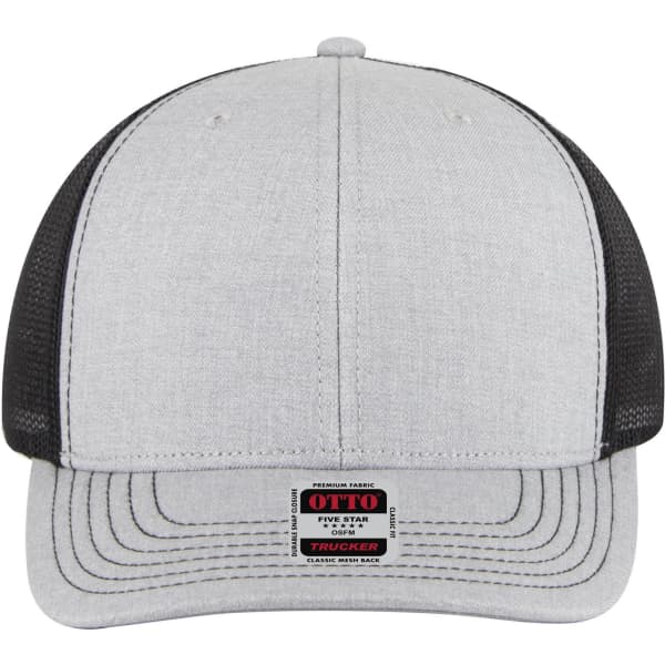 A grey mid-profile trucker cap with a black mesh back and a branded label on the front.