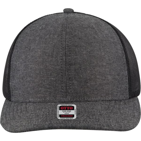 A grey trucker cap with a mid-profile design and mesh sides, featuring a logo on the front.