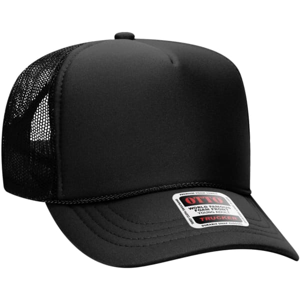A black 5 panel high crown trucker cap featuring a mesh back and a woven label.
