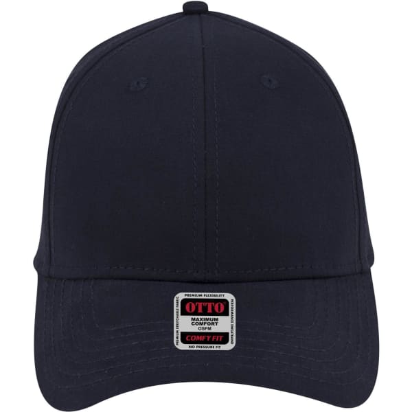 A navy blue 6 panel low profile baseball cap with a logo on the front and ventilation eyelets.