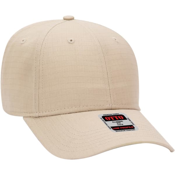 A beige 6 panel low profile baseball cap with an adjustable strap and a logo patch on the front.