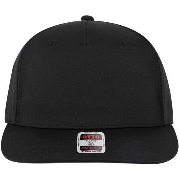 A black 5 panel pro style snapback hat with a flat brim and a branded label on the front.