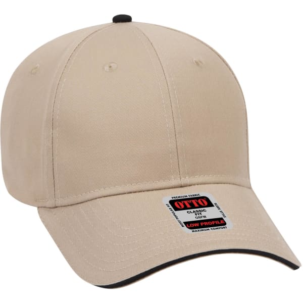 A beige low profile baseball cap with a black underbrim and a logo tag on the front.