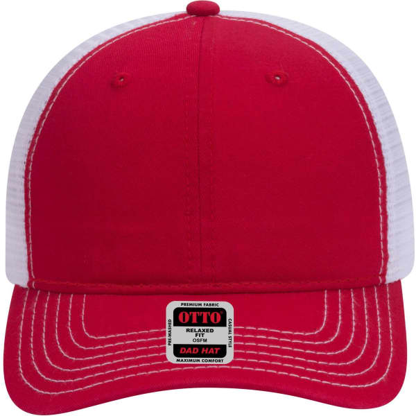 A red low profile trucker dad cap with white mesh panels and a logo on the front.