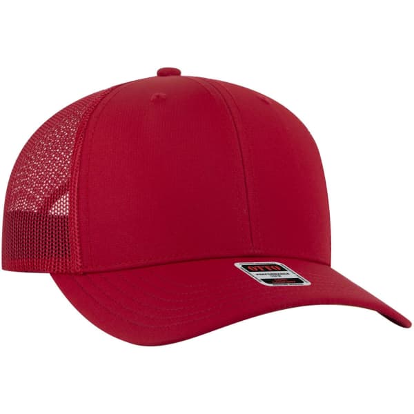 A red trucker cap featuring a solid front and mesh back, with a logo on the side.