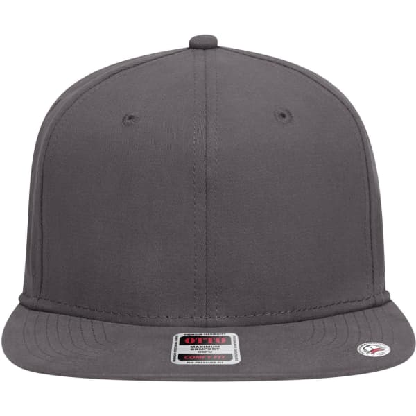 A grey 6-panel mid-profile snapback cap with a flat brim and a logo on the side.