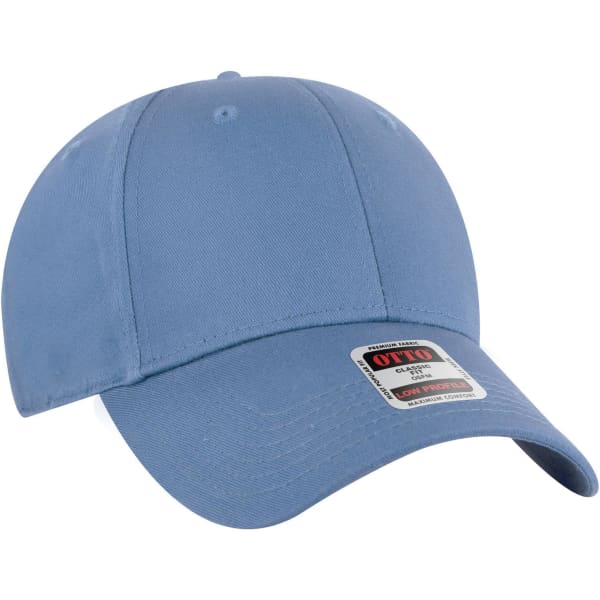 A light blue 6 panel low profile baseball cap with a logo on the front.