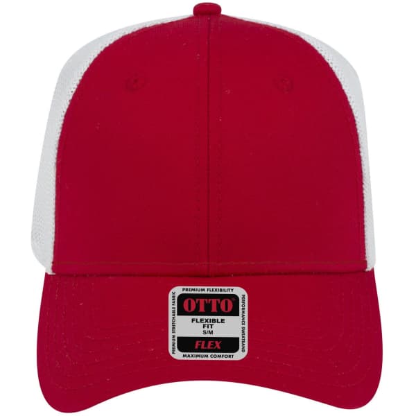 A red and white 6-panel low profile trucker cap with a logo on the front and a flexible fit label.