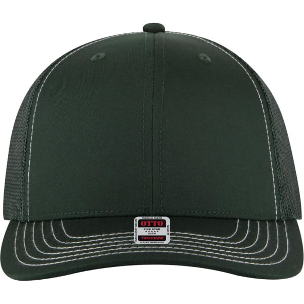 A dark green 6-panel mid-profile trucker cap featuring a mesh back and contrasting stitching, with a logo on the front.