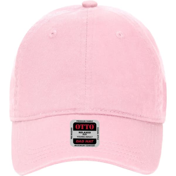 A pink six-panel low profile dad cap with a logo on the front.