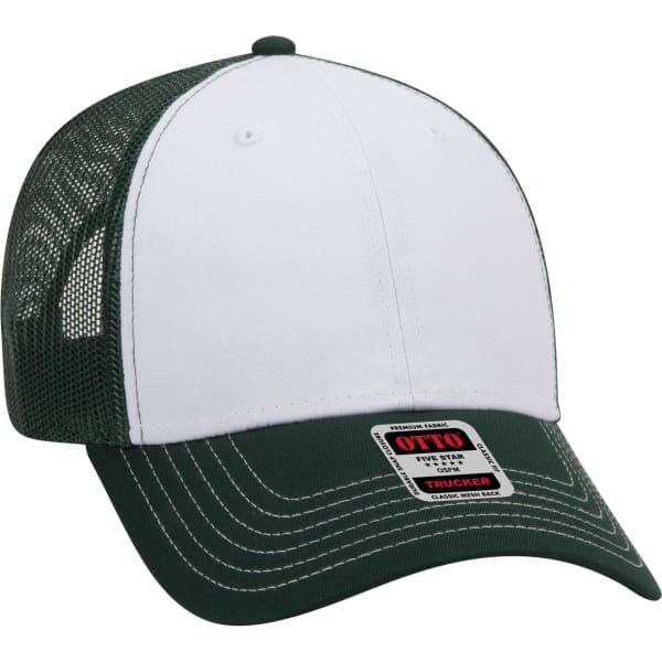 A white and dark green 6 panel low profile trucker cap with mesh sides and a logo on the front.