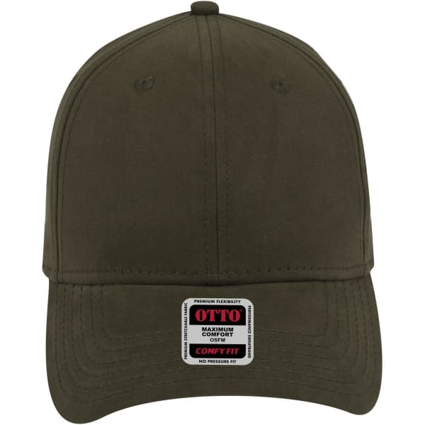 An olive green low profile baseball cap with a branded label on the front and six panels.