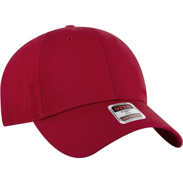 A red 6 panel low profile baseball cap with a logo on the side.