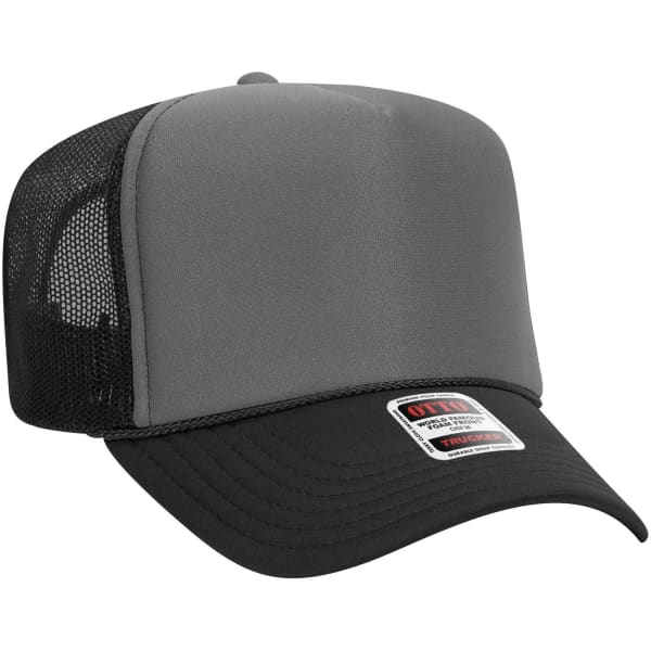 A 5 Panel High Crown Trucker Cap in grey with a black brim and mesh rear panels. Features a logo on the front.