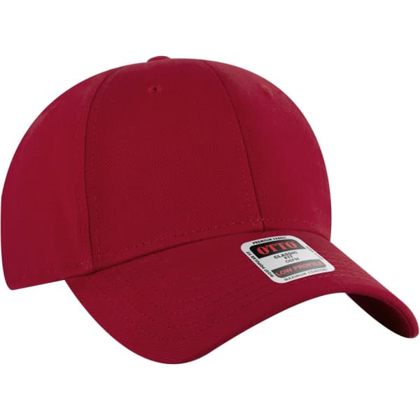A red 6-panel low profile baseball cap with a logo on the front.