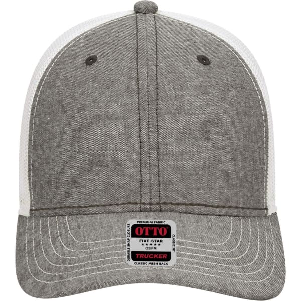 A grey six-panel low profile trucker cap with a white mesh back and a logo on the front.