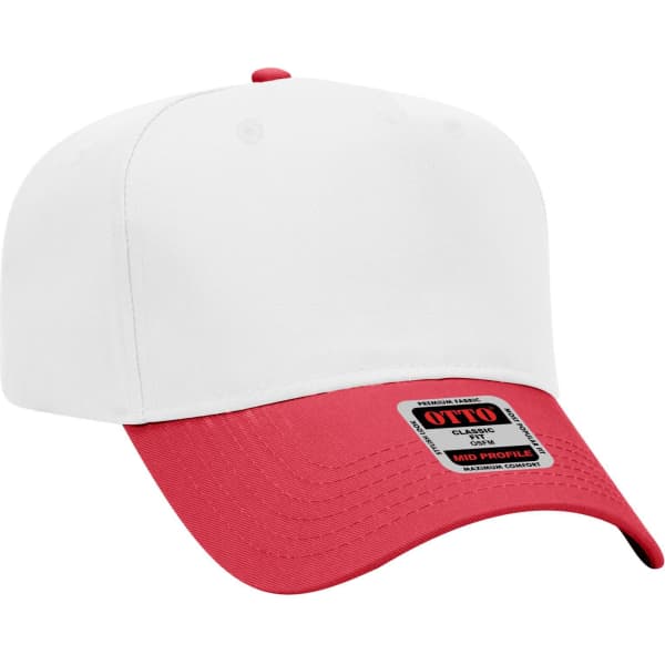 A red and white 5 Panel Mid Crown Baseball Cap with a logo on the front.