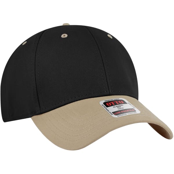 A black and beige six-panel low-profile baseball cap with a logo on the front.