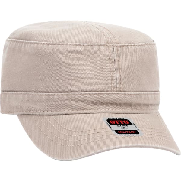A military hat in a light beige colour with a structured crown and a logo on the side.