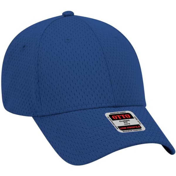 A blue 6 panel low profile baseball cap with a logo tag on the front. The fabric features a mesh design.