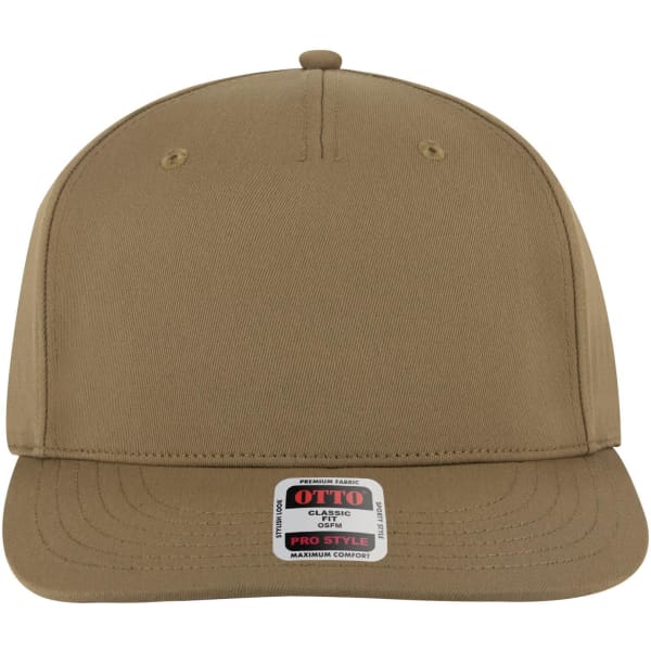 A khaki 5 panel pro style snapback hat featuring a front panel and a logo tag at the brim.