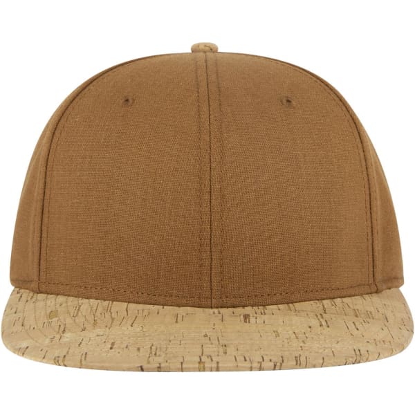 A snapback cap featuring a brown fabric upper and a cork brim, with a logo on the front.