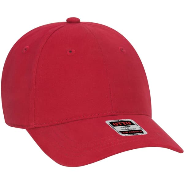 A red low profile baseball cap featuring a logo, designed with six panels for a classic fit.