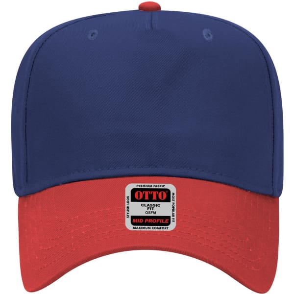 A navy blue and red 5-panel mid crown baseball cap with a logo on the front.
