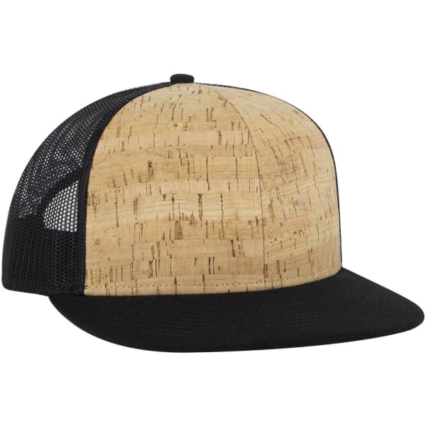 A 6-panel mid-profile trucker cap featuring a cork front and black mesh back, with a black visor and adjustable strap.