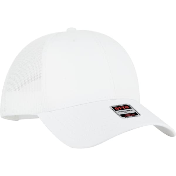 A white Low Profile Trucker Cap featuring a mesh back and a branded patch on the front.