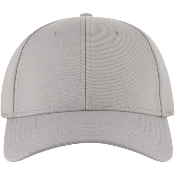 A grey 6 panel low profile baseball cap with a curved brim and a logo.