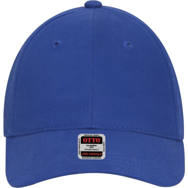 A blue low profile baseball cap featuring a logo on the front and a stitched brim.