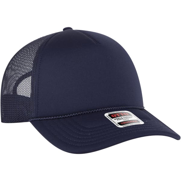 A navy 5 panel low profile trucker cap with a mesh back and a logo badge on the front.