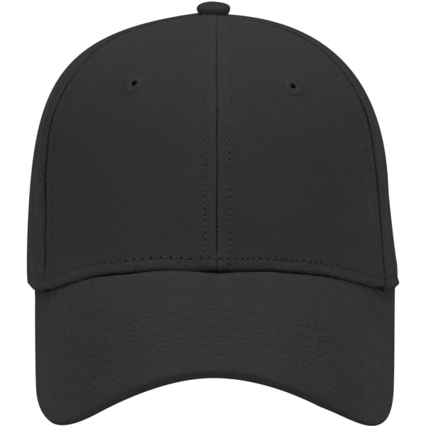 A black 6 panel low profile baseball cap with a rounded crown and a logo on the front.