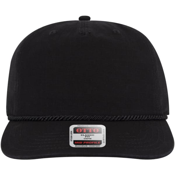 A black 5 panel mid-profile baseball hat with a braided band and logo features on the front.