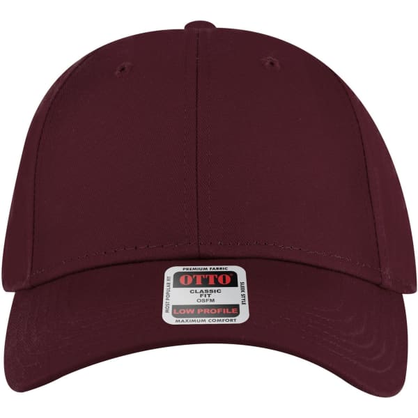 A maroon 6-panel low profile baseball cap with a curved brim and a logo on the front.