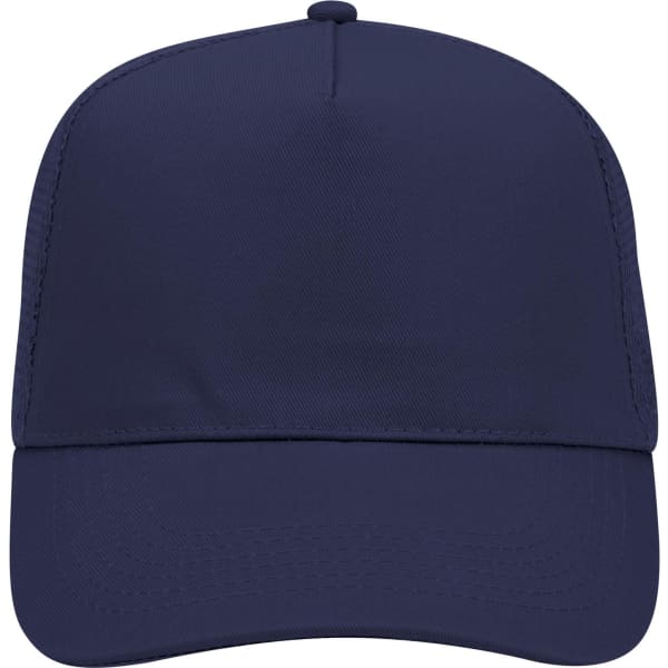 A navy 5 Panel Mid Profile Trucker Cap with a structured front and a breathable mesh back.