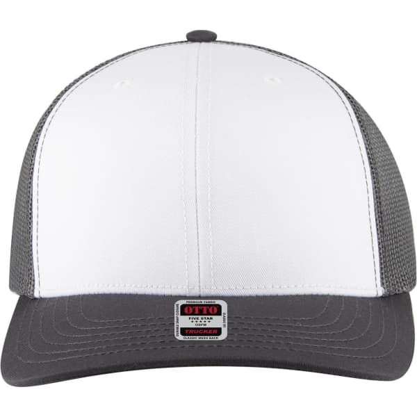 A grey and white six-panel mid-profile trucker cap with a mesh back and a logo on the front.