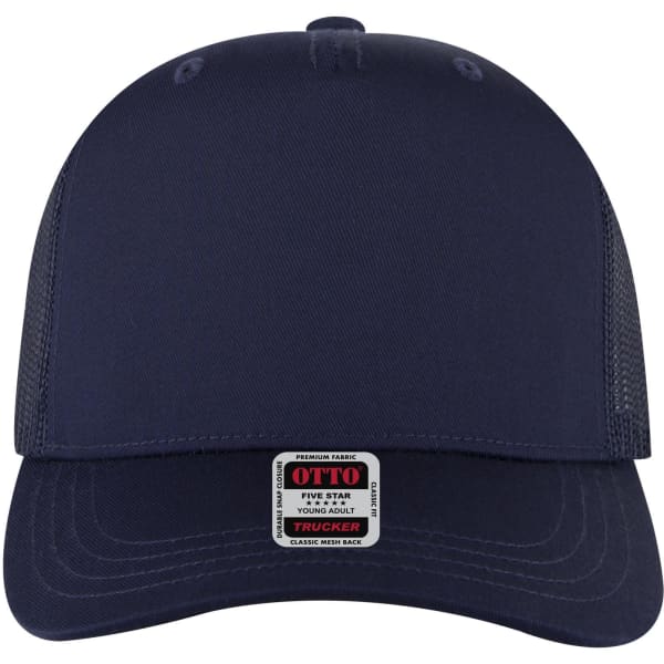 A navy blue 5 panel mid-profile trucker cap with a mesh back and a prominent logo.