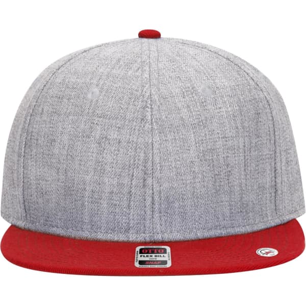 A snapback cap featuring a grey body and a red brim, with a logo on the side.