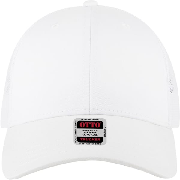 A white 6 panel low profile trucker cap with a branded label on the front. The cap features mesh panels at the back.